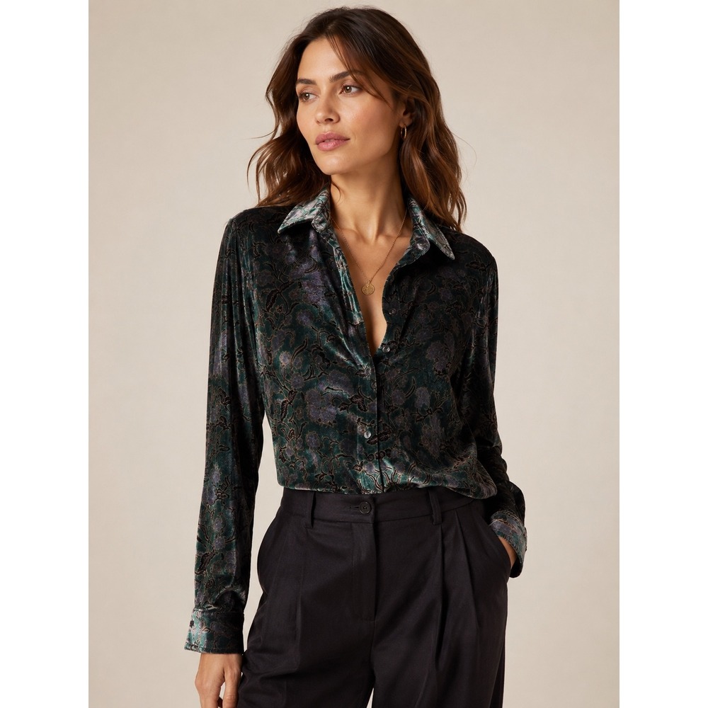 Faherty Green Floral Velvet Silk Blend Button Down Shirt Small Boho‎ Burnout Top